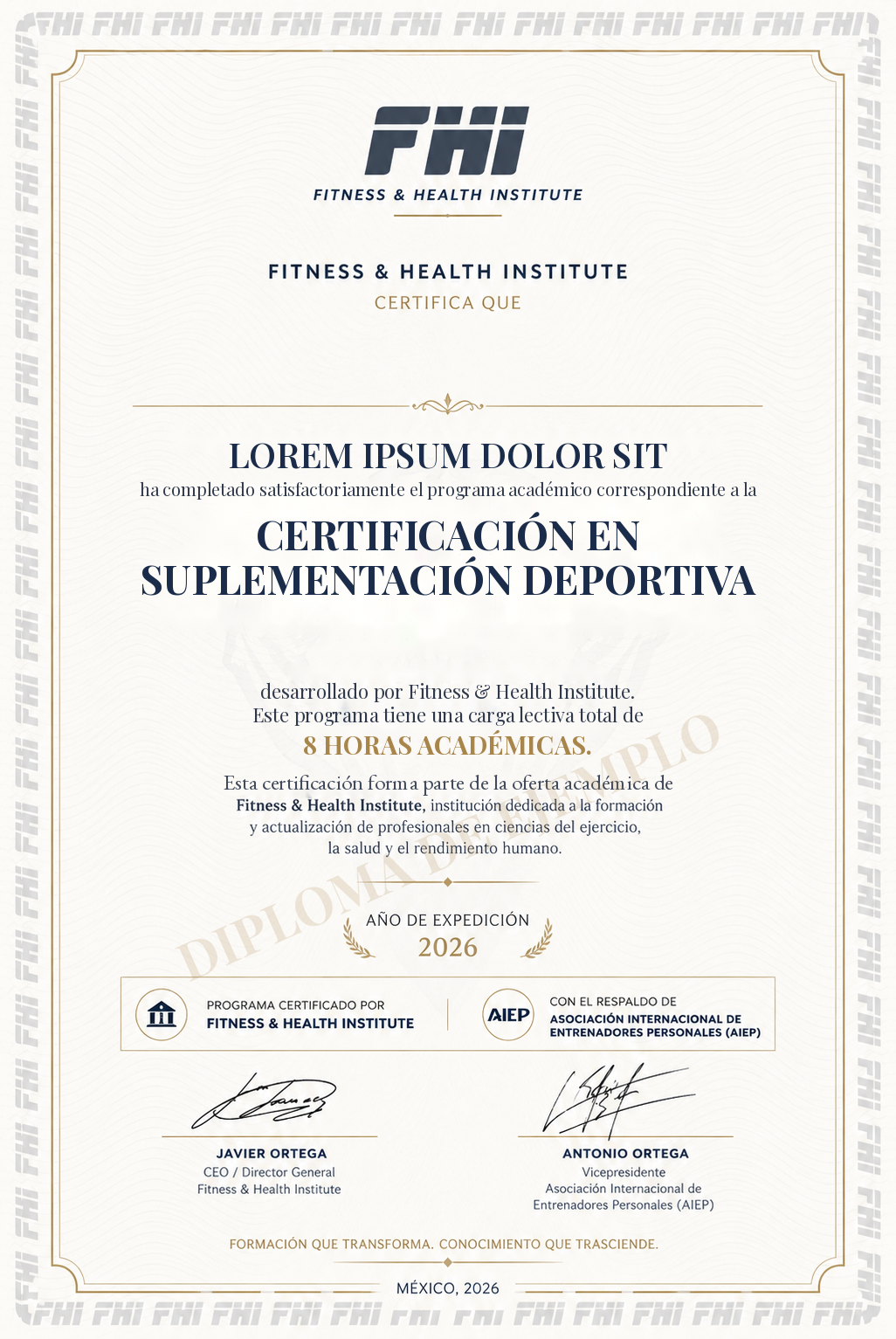 Ejemplo de diploma FHI de la Certificación en Suplementación Deportiva